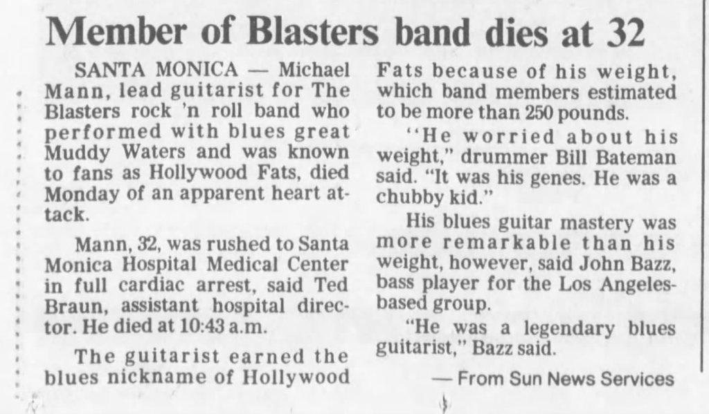 Member of Blasters band dies at 32. The San Bernardino County Sun Dec. 9, 1986
