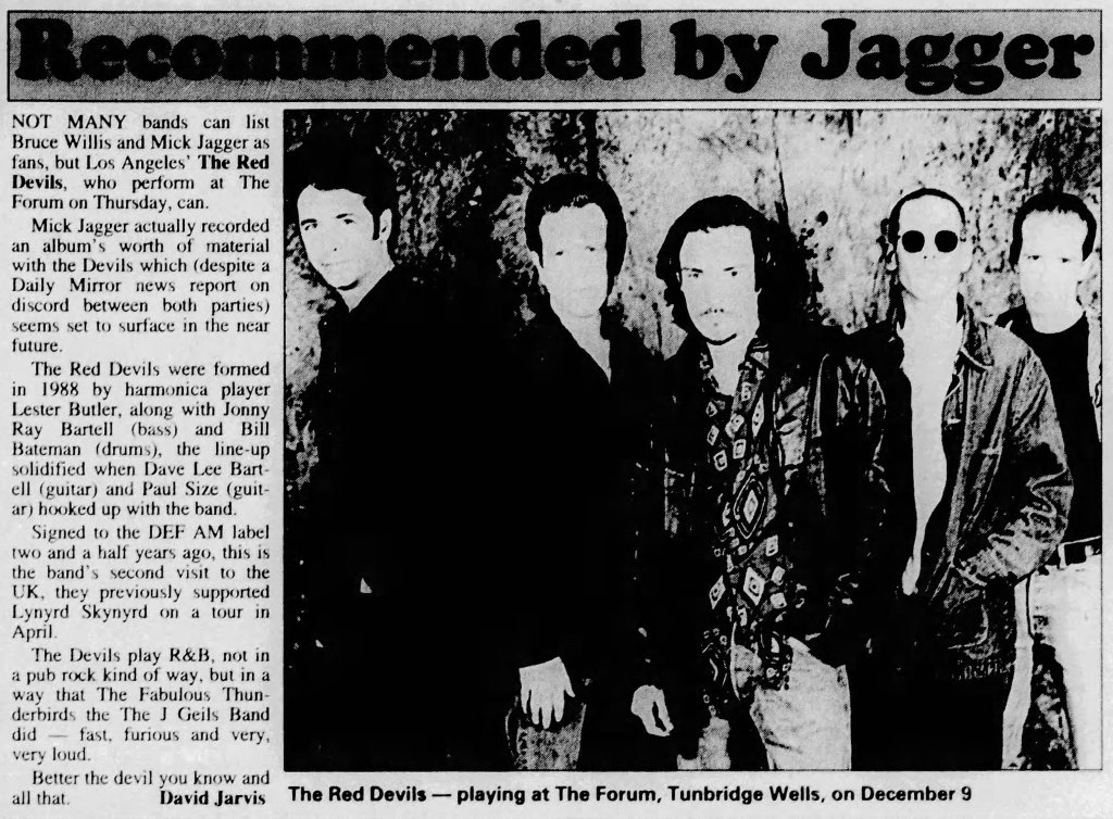 A black and white newspaper clipping featuring the band The Red Devils, with a brief article on their music and upcoming performance at The Forum in Tunbridge Wells, alongside a photo of the band members.